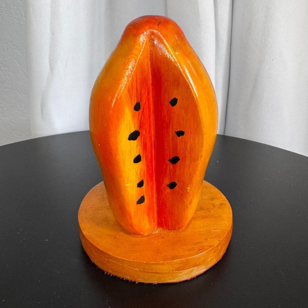 Vintage Hand Carved Wood Papaya Napkin Holder Tropical Fruit Kitchen Decor